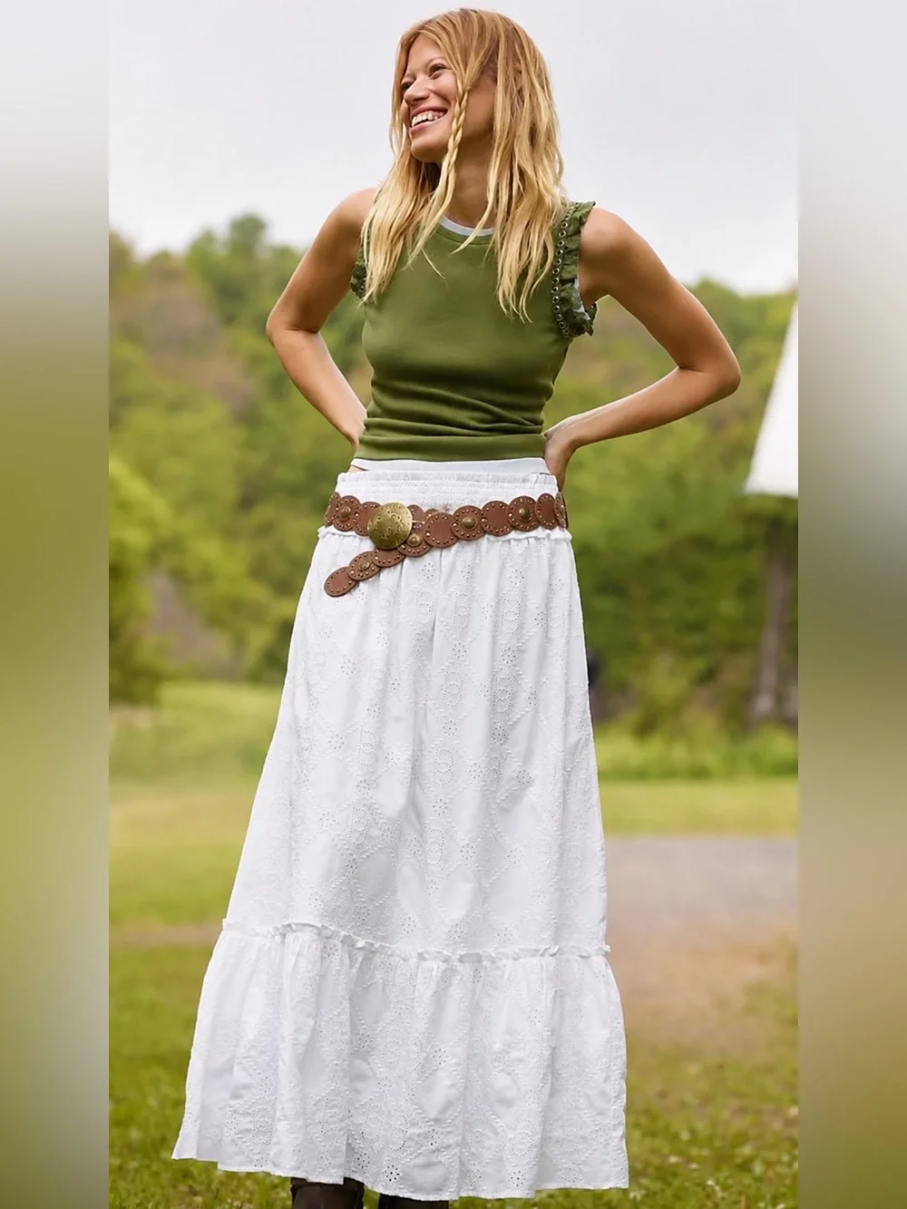 Boho Brown Leather Concho Waist Belt with Brass Medallion - Picture 12 of 12